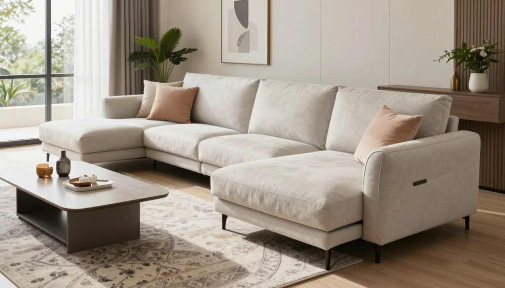 A spacious, modern living room featuring the "Narożnik Belavio," a stylish L-shaped sofa with plush cushions and a sleek, contemporary design. The foreground highlights the sofa in a soft cream or light grey fabric, accented with pastel throw pillows. In the middle, a stylish coffee table with decorative elements contrasts against a beautifully patterned area rug beneath the sofa. The background showcases a tastefully decorated wall with minimalist art and potted plants, adding a touch of greenery. Natural lighting streams in through large, airy windows, creating a warm and inviting atmosphere. Capture this scene from an angle that emphasizes the elegance and comfort of the sofa, evoking a sense of relaxation and style.