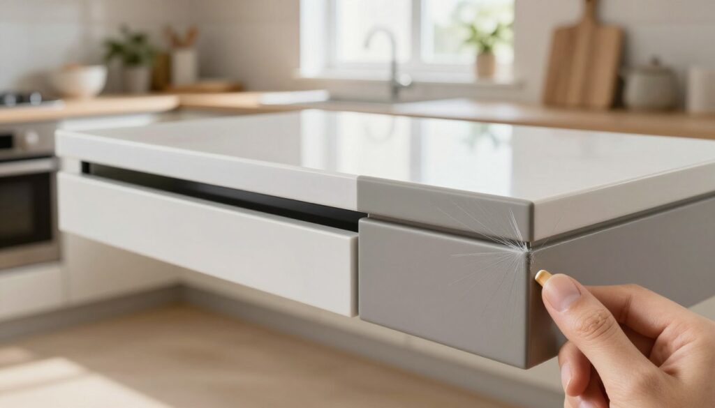 A split image showcasing the durability of kitchen cabinet fronts, one side featuring glossy acrylic surfaces and the other with matte lacquered finishes. In the foreground, a close-up view of a hand gently scratching each surface with a fingernail, emphasizing the resistance to scratches and mechanical damage. The middle section shows the cabinets arranged in a modern kitchen setting, illuminated by soft, natural daylight streaming through a window. The background includes subtle hints of kitchen appliances and decor, creating a warm and inviting atmosphere. Use a shallow depth of field to focus on the cabinet surfaces. The mood should be informative yet engaging, inviting viewers to compare the materials visually.