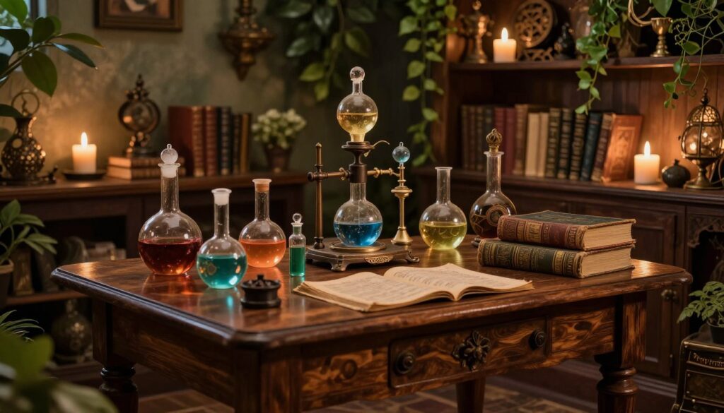 A stunning alchemical table as a central element in a cozy, atmospheric interior. In the foreground, the richly detailed wooden table is adorned with various glass flasks, vials of colorful liquids, and ancient tomes, creating a sense of mystery and curiosity. The middle ground features shelves lined with arcane books and mystical artifacts, dimly lit by flickering candles. In the background, lush plants climb the walls, their green leaves contrasting with the warm wood tones. Soft, ambient lighting casts gentle shadows, enhancing the enchanting mood of the scene. The perspective is slightly angled to showcase the intricate details of the table and its surroundings, evoking a sense of wonder and inviting the viewer to explore this magical space. A stunning alchemical table as a central element in a cozy, atmospheric interior. In the foreground, the richly detailed wooden table is adorned with various glass flasks, vials of colorful liquids, and ancient tomes, creating a sense of mystery and curiosity. The middle ground features shelves lined with arcane books and mystical artifacts, dimly lit by flickering candles. In the background, lush plants climb the walls, their green leaves contrasting with the warm wood tones. Soft, ambient lighting casts gentle shadows, enhancing the enchanting mood of the scene. The perspective is slightly angled to showcase the intricate details of the table and its surroundings, evoking a sense of wonder and inviting the viewer to explore this magical space.