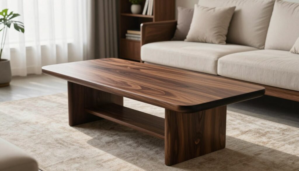 A stunning wenge wood coffee table sits prominently in a cozy living room setting. The table features a sleek, contemporary design with smooth lines and a rich, dark finish that showcases the unique grain of the wood. In the foreground, a plush area rug adds warmth, while soft, natural light filters through sheer curtains, highlighting the table's elegance. The middle ground includes a stylish sofa adorned with complementary cushions, creating an inviting ambiance. In the background, a tasteful bookshelf with decorative items and soft greenery enhances the cozy atmosphere. Capture the scene with a slightly elevated angle, emphasizing the texture of the wenge wood and the harmonious color palette of dark and light tones in the room, evoking a sense of luxury and comfort.