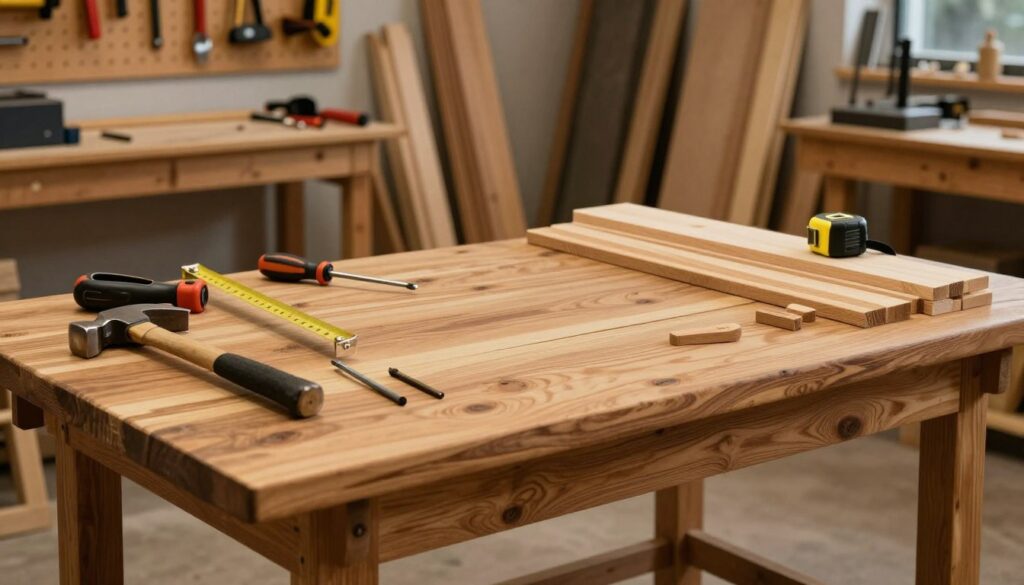 A sturdy workshop table made of solid wood, showcasing a well-organized workspace. In the foreground, various essential tools lie neatly on the table: a hammer, a tape measure, screwdrivers, and a set of wooden planks ready for crafting. The middle ground features the table itself, highlighted by the rich texture of the wood, emphasizing solidity and stability. In the background, a softly lit workshop environment reveals a pegboard filled with additional tools and lumber, creating a sense of depth and functionality. Warm, inviting lighting complements the scene, casting gentle shadows to enhance the atmosphere of creativity and industriousness. The angle captures the table from a slightly elevated perspective, giving a comprehensive view of this essential crafting space. A sturdy workshop table made of solid wood, showcasing a well-organized workspace. In the foreground, various essential tools lie neatly on the table: a hammer, a tape measure, screwdrivers, and a set of wooden planks ready for crafting. The middle ground features the table itself, highlighted by the rich texture of the wood, emphasizing solidity and stability. In the background, a softly lit workshop environment reveals a pegboard filled with additional tools and lumber, creating a sense of depth and functionality. Warm, inviting lighting complements the scene, casting gentle shadows to enhance the atmosphere of creativity and industriousness. The angle captures the table from a slightly elevated perspective, giving a comprehensive view of this essential crafting space.