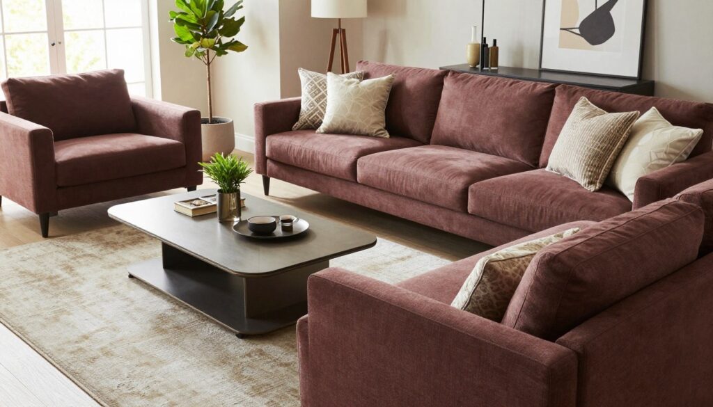 A stylish Narożnik Belavio in a contemporary living room setting, showcasing its elegant lines and rich upholstery. In the foreground, the corner sofa is adorned with plush, decorative cushions that invite relaxation. The middle of the image features a sleek coffee table with a modern design, surrounded by tasteful decor elements like a soft area rug and a small indoor plant. The background reveals a well-lit room with large windows allowing natural light to flood in, accentuating the soothing color palette of the furniture. A hint of green plants and tasteful artwork on the walls contribute to a warm and inviting atmosphere. The scene is captured from a slightly elevated angle, adding depth and perspective to the cozy yet sophisticated layout. The overall mood is tranquil and inviting, perfect for a stylish salon.