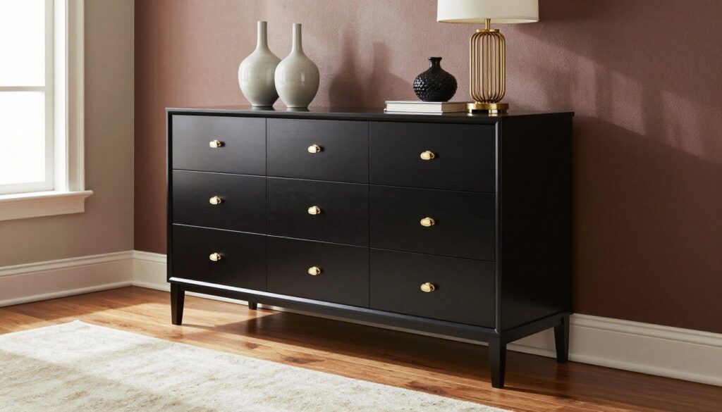 A stylish New York-style dresser positioned elegantly against a richly textured wall. The dresser features a sleek design with glossy black finish, intricate gold handles, and offers ample storage space. In the foreground, showcase organized decorative items like elegant vases and a stylish lamp atop the dresser. The middle ground should include a plush area rug, creating a warm contrast with polished wooden flooring. The background reveals muted soft colors, enhancing the sophisticated atmosphere. Natural light filters through large windows, casting soft shadows for depth. Capture the scene from a slightly elevated angle to emphasize functionality and elegance, evoking a chic, upscale interior and an inviting mood suitable for practical storage tips.