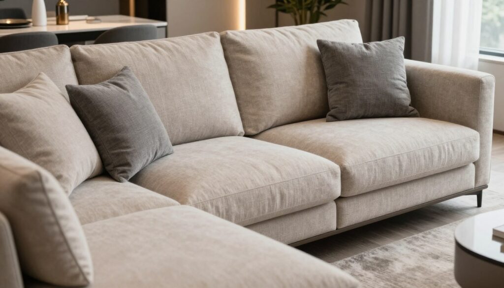 A stylish and comfortable corner sofa (narożnik) named Massimo, showcasing a blend of modern and classic design elements. The foreground features plush cushions in soft fabrics, emphasizing warmth and inviting comfort. In the middle ground, the sofa displays elegant armrests and a sleek silhouette, accentuated by subtle stitching details and neutral color tones, like beige and gray, enhancing its versatility for a representative living room. The background includes a tastefully decorated interior with ambient lighting that highlights the sofa's contours, capturing a cozy and sophisticated atmosphere. The scene is shot from a slight angle, creating depth and inviting viewers to imagine the comfort of this exceptional piece in a stylish living space.