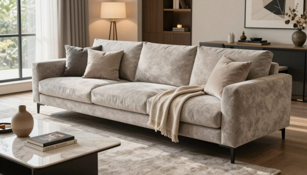 A stylish and modern corner sofa, designed specifically for an elegant living room. The sofa features customizable upholstery in a soft, neutral color palette, highlighting different fabric textures such as velvet and linen. In the foreground, showcase the sofa adorned with plush cushions and a neatly arranged throw, emphasizing comfort. The middle of the scene should include a sleek coffee table with decorative elements like a stylish vase and a few art books. The background reveals a well-decorated living space, featuring tasteful artwork on the walls and soft, ambient lighting creating a warm atmosphere. Use a wide-angle lens to capture the spaciousness, ensuring natural sunlight filters through large windows, enhancing the inviting and sophisticated mood of the room. The overall ambiance conveys personalization and comfort in a contemporary setting.