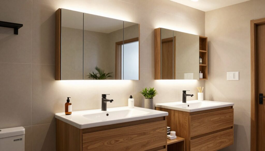 A stylish bathroom scene featuring modern bathroom cabinets (szafki łazienkowe) installed above a sleek white sink. The foreground includes a polished wooden cabinet with minimalistic hardware, showcasing neat, organized storage for toiletries. The middle features a bright mirror reflecting the elegant surroundings, with subtle green plants adding a touch of nature. The background reveals a contemporary tile design with soft, ambient lighting emanating from overhead fixtures, creating a warm atmosphere. Use a wide-angle lens to capture the spaciousness, emphasizing the cabinets as functional yet aesthetically pleasing. The overall mood should be inviting and practical, highlighting the importance of quality furniture choices in limited spaces.