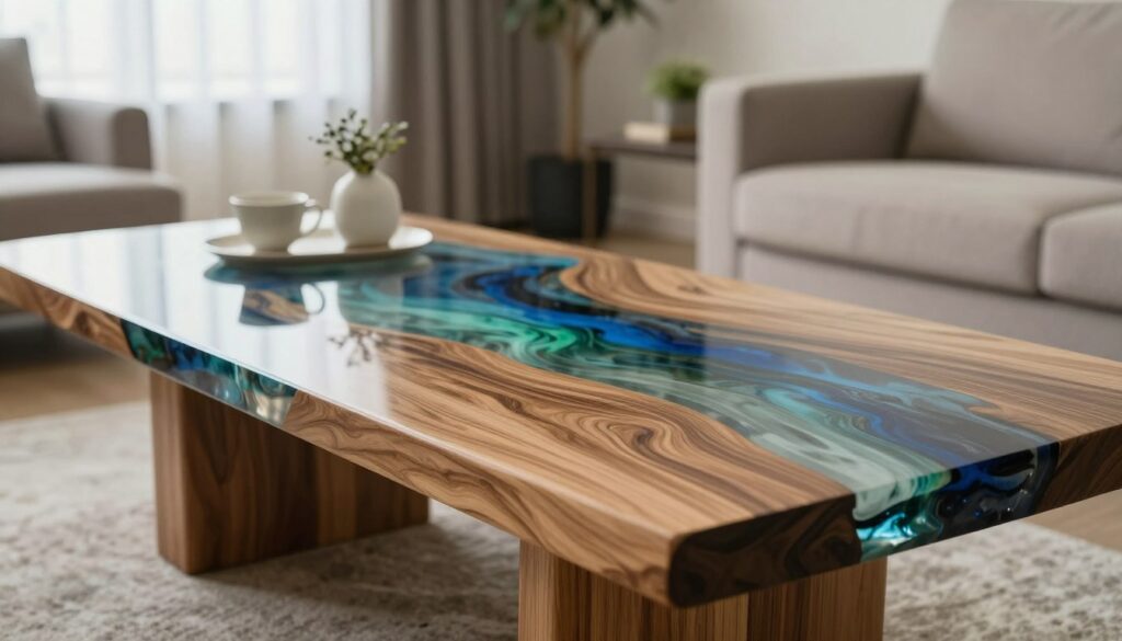 A stylish coffee table crafted from a combination of warm wood and clear resin, showcasing a mesmerizing, flowing pattern of blues and greens within the resin. In the foreground, focus on the table's unique design and texture, highlighting the glossy finish of the resin and the smooth wood grain. In the middle ground, place some elegant cups and a small decorative plant to accentuate a cozy living room ambiance. The background includes softly blurred silhouettes of a modern living room with neutral-toned walls and natural light filtering through sheer curtains, creating a calm and inviting atmosphere. Use soft, diffused lighting to enhance the wood's warmth and make the resin's colors pop, shot from a slightly elevated angle for a dynamic view.