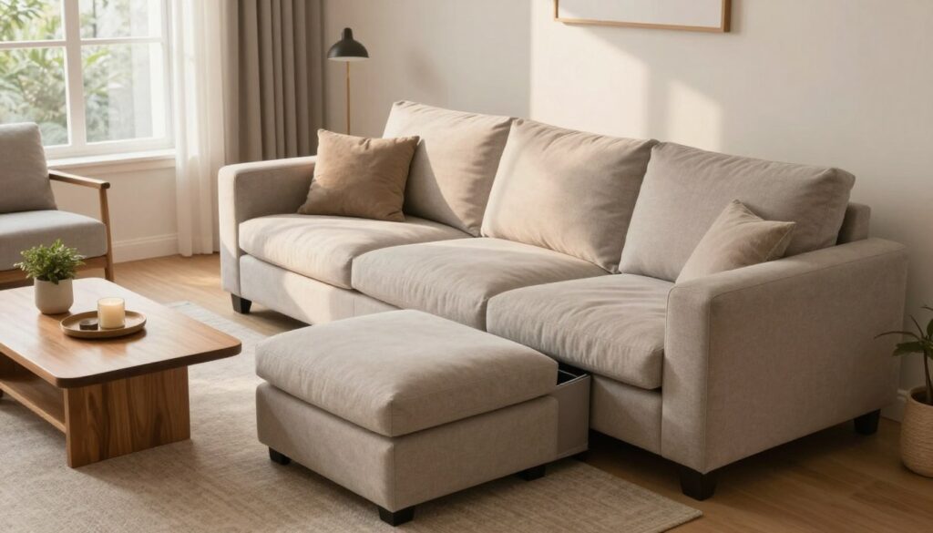 A stylish corner of a modern living room featuring the Lars sectional sofa in a cozy seating arrangement. The sofa is transformed into a comfortable sleeping space with plush bedding folded neatly, showcasing its multifunctional design. In the foreground, a stylish storage ottoman blends seamlessly with the decor, hinting at its practical use as a bedding container. The middle ground highlights a warm wooden coffee table adorned with decorative items like a plant and a candle. In the background, soft natural light streams in through large windows, casting a gentle glow on light-colored walls. The atmosphere is inviting and tranquil, perfect for relaxation and leisure. The scene should be captured from a slightly elevated angle to emphasize both the sofa's function and the overall aesthetic of the cozy retreat. A stylish corner of a modern living room featuring the Lars sectional sofa in a cozy seating arrangement. The sofa is transformed into a comfortable sleeping space with plush bedding folded neatly, showcasing its multifunctional design. In the foreground, a stylish storage ottoman blends seamlessly with the decor, hinting at its practical use as a bedding container. The middle ground highlights a warm wooden coffee table adorned with decorative items like a plant and a candle. In the background, soft natural light streams in through large windows, casting a gentle glow on light-colored walls. The atmosphere is inviting and tranquil, perfect for relaxation and leisure. The scene should be captured from a slightly elevated angle to emphasize both the sofa's function and the overall aesthetic of the cozy retreat.