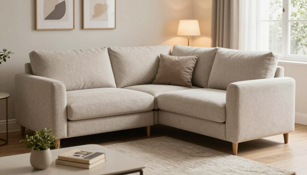 A stylish corner sofa bed in a cozy living room, showcasing a soft bouclé fabric in a neutral color palette. The focus is on the sofa's sleek design and versatile functionality, elegantly arranged with plush cushions. In the foreground, a coffee table adorned with a small decorative plant and a book enhances the inviting atmosphere. In the middle ground, the corner sofa is framed by a softly lit lamp and a textured rug beneath, emphasizing comfort. The background features subtle wall art and a window with natural light streaming in, creating a warm and welcoming vibe. Capture this scene from a slight angle to highlight the depth and inviting nature of the space, ensuring the lighting is soft and atmospheric.