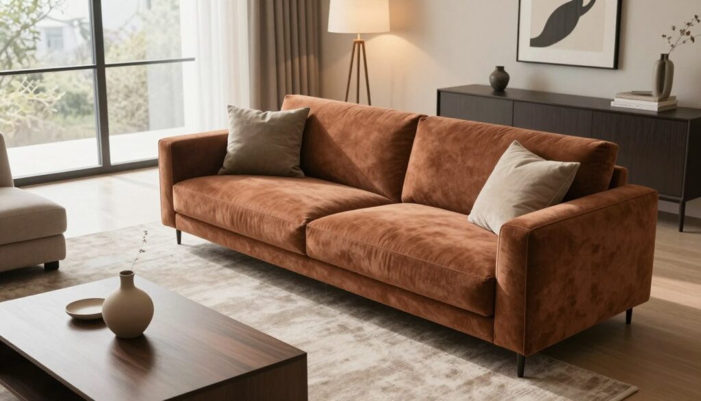 A stylish corner sofa, elegantly designed with sleek lines and a modern aesthetic, placed in a beautifully arranged living room. The foreground features the sofa, upholstered in a rich, textured fabric, showcasing its quality and durability. Surrounding the sofa, a chic coffee table adorned with a minimalistic vase and soft, inviting cushions enhances the ambiance. The middle of the image reveals a bright, airy space with large windows allowing natural light to stream in, accentuating the warm tones of the room. In the background, tasteful wall decorations and a softly lit floor lamp create an inviting atmosphere. The overall mood reflects comfort and sophistication, highlighting the essence of long-lasting quality in home design. The scene is captured with a slight angle from above, providing a panoramic view of the space.