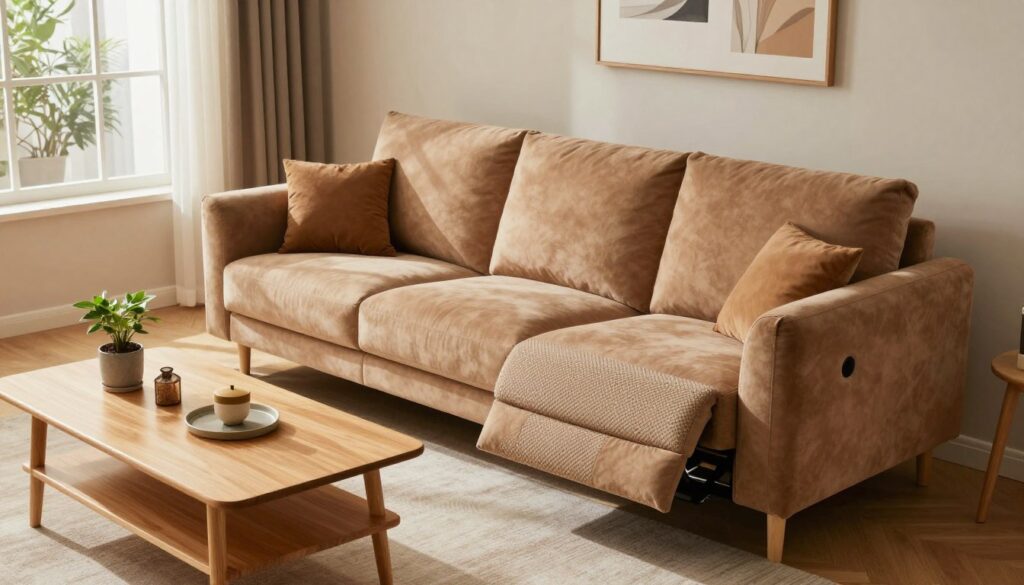 A stylish corner sofa with a sleep function, elegantly arranged in a cozy living room setting. The sofa features soft, plush cushions in warm earth tones, showcasing both comfort and functionality. In the foreground, a beautifully textured fabric accentuates the modern design. The middle scene includes a well-lit, inviting living room, with natural light streaming through large windows, casting soft shadows. A coffee table made of light wood is placed in front of the sofa, adorned with a small potted plant and a few decorative items. The background features a neutral-colored wall, complemented by tasteful artwork, creating an atmosphere of relaxation and sophistication. Aim for a warm and welcoming mood, captured from a slightly elevated angle to showcase the sofa's features and functionality effectively.
