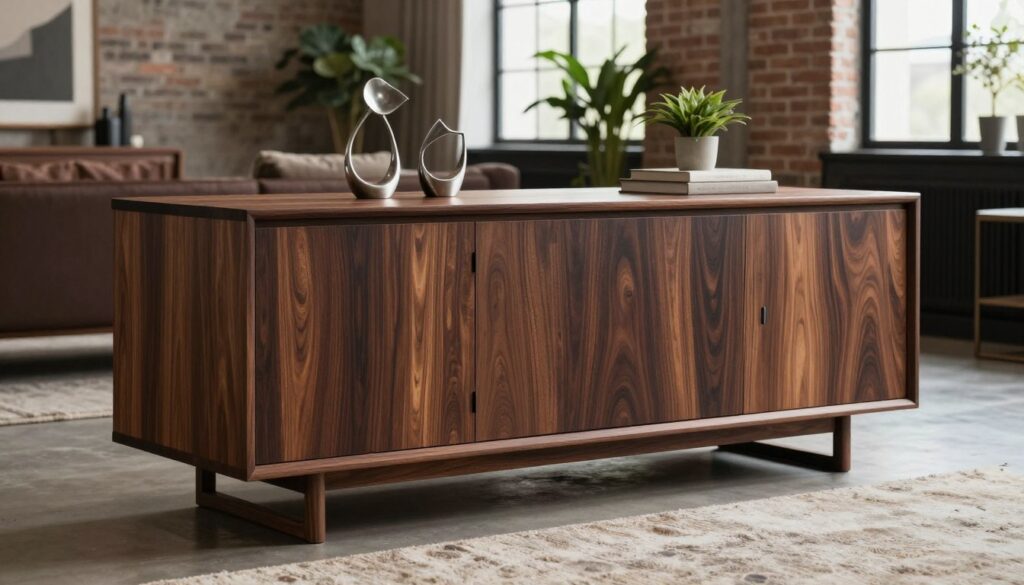 A stylish dark wenge wood sideboard, showcasing its rich, deep brown hues and fine grain texture, dominates the foreground. The sideboard features sleek, minimalist hardware, enhancing its industrial aesthetic. In the middle ground, a softly lit room exudes elegance, with a plush area rug beneath the sideboard and a few decorative items like metal sculptures and potted plants arranged tastefully on top. The background reveals a modern industrial space, accentuated by exposed brick walls and large windows allowing natural light to pour in, creating soft shadows. The lighting is warm and inviting, capturing the luxurious feel of the wenge wood. The atmosphere is sophisticated and contemporary, perfect for showcasing the beauty of dark wood furniture in a stylish interior. A stylish dark wenge wood sideboard, showcasing its rich, deep brown hues and fine grain texture, dominates the foreground. The sideboard features sleek, minimalist hardware, enhancing its industrial aesthetic. In the middle ground, a softly lit room exudes elegance, with a plush area rug beneath the sideboard and a few decorative items like metal sculptures and potted plants arranged tastefully on top. The background reveals a modern industrial space, accentuated by exposed brick walls and large windows allowing natural light to pour in, creating soft shadows. The lighting is warm and inviting, capturing the luxurious feel of the wenge wood. The atmosphere is sophisticated and contemporary, perfect for showcasing the beauty of dark wood furniture in a stylish interior.