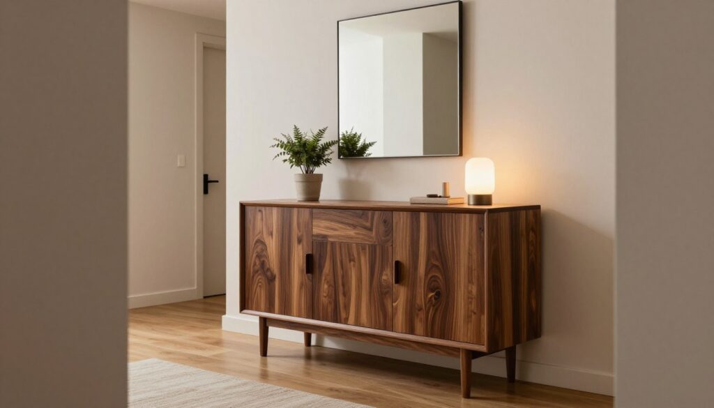 A stylish hallway featuring a wenge wood cabinet as the focal point, showcasing its rich, dark grain against light-colored walls. In the foreground, the cabinet is adorned with minimalist decorative items—a potted plant and a small, elegant lamp. The middle layer displays a sleek, modern mirror above the cabinet that reflects soft, ambient lighting, enhancing the space's sophistication. The background reveals a warm, wooden floor that complements the wenge cabinet and a subtle, neutral-toned hallway runner for added texture. The lighting is soft and inviting, suggesting a cozy atmosphere, with shadows adding depth to the scene. The perspective should be slightly elevated, capturing the elegance and harmony of the design in a well-organized entryway.