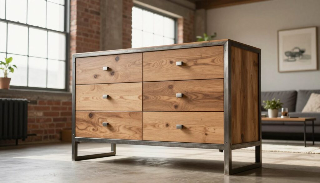 A stylish industrial komoda, prominently positioned in the foreground, showcasing a blend of raw wood and metal elements that highlight its functional design. The komoda features sturdy, robust legs that emphasize its solid foundation, with a natural wood finish contrasting beautifully against brushed steel accents. The middle ground includes a cozy loft-style living room setting with exposed brick walls and large windows allowing soft, warm natural light to flood the space. In the background, a hint of a minimalist decor style is evident, featuring potted plants and simple wall art, creating a balanced, inviting atmosphere. The scene is captured from a low angle, emphasizing the height and sturdiness of the komoda while maintaining a warm and welcoming mood.
