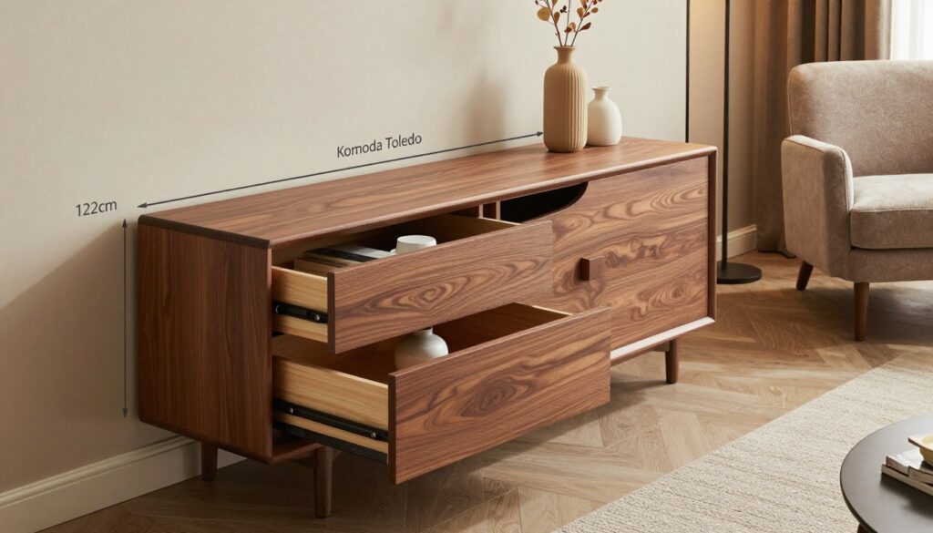 A stylish interior scene featuring a "Komoda Toledo," measuring exactly 122 cm in width. The komoda has a sleek, modern design with smooth lines and a rich wood finish, positioned against a soft, neutral wall. In the foreground, the komoda showcases its functional drawers slightly opened to reveal organized storage, displaying a few decorative items, like a vase and some books. The middle ground features a cozy armchair with a plush fabric, invitingly placed near the komoda. The background includes a soft-lit room with ambient lighting, emphasizing a blend of classic and contemporary decor elements. Use a warm color palette to create a welcoming atmosphere, capturing the essence of a harmonious living space. The angle should be slightly elevated to provide a comprehensive view of both the komoda and its surroundings. A stylish interior scene featuring a "Komoda Toledo," measuring exactly 122 cm in width. The komoda has a sleek, modern design with smooth lines and a rich wood finish, positioned against a soft, neutral wall. In the foreground, the komoda showcases its functional drawers slightly opened to reveal organized storage, displaying a few decorative items, like a vase and some books. The middle ground features a cozy armchair with a plush fabric, invitingly placed near the komoda. The background includes a soft-lit room with ambient lighting, emphasizing a blend of classic and contemporary decor elements. Use a warm color palette to create a welcoming atmosphere, capturing the essence of a harmonious living space. The angle should be slightly elevated to provide a comprehensive view of both the komoda and its surroundings.