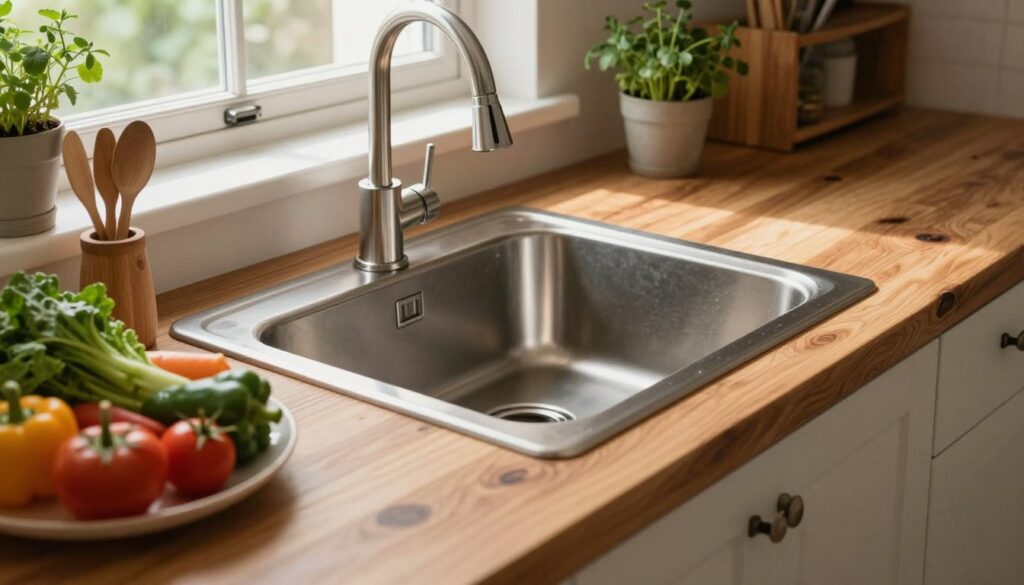 A stylish kitchen scene featuring a wooden and rustic countertop with an elegant undermount sink. The sink is made of stainless steel, seamlessly integrated into the warm, textured wood of the countertop, reflecting natural light. The scene captures the inviting ambiance of the kitchen, with soft, natural lighting illuminating the space from a nearby window. In the foreground, fresh vegetables and utensils are artfully arranged near the sink, while the middle showcases the countertop's intricate grain and details. The background is slightly blurred, hinting at cozy kitchen elements like wooden shelves and herb pots. The overall mood is warm and welcoming, highlighting the harmony between the sink and the rustic wooden countertop.