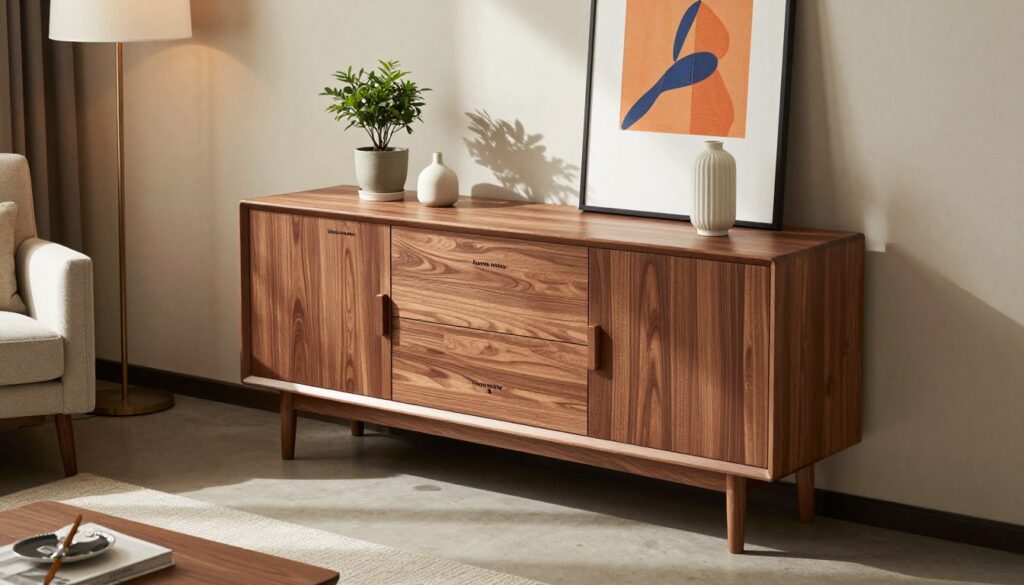 A stylish "komoda matos" elegantly placed in a modern living room setting, with sleek lines and a rich wood finish that showcases its premium craftsmanship. In the foreground, the komoda is adorned with minimalistic decor, like a small potted plant and a decorative vase, creating a welcoming atmosphere. The middle ground features soft, ambient lighting that highlights the textures of the wood while casting gentle shadows. In the background, a cozy armchair and a vibrant piece of artwork complement the komoda, enhancing the room's stylish arrangement. The scene captures a serene, inviting mood, showcasing the versatility of Matos furniture in a functional home design. The angle is slightly elevated, focusing on the komoda as the centerpiece of the space, reflecting modern interior design trends.
