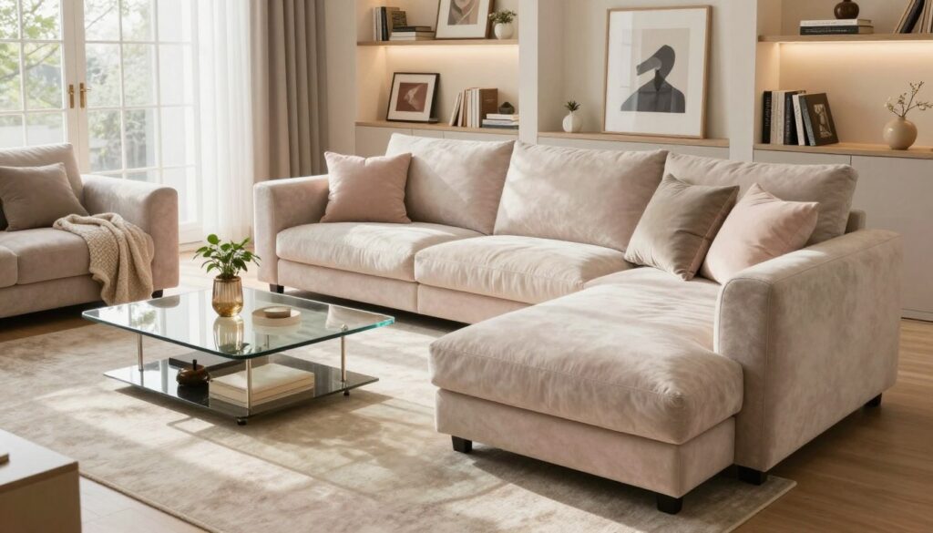 A stylish living room featuring a modern sofa in soft pastel colors, surrounded by elegant decor. In the foreground, a plush, L-shaped sofa with comfortable cushions invites relaxation, positioned in a way that maximizes space. The middle ground includes a glass coffee table adorned with a decorative plant and cozy throws, creating a warm, inviting atmosphere. The background showcases softly lit shelves filled with books and tasteful art pieces, enhancing the room's sophistication. Natural light streams in through large windows, creating a bright and airy ambiance, captured with a wide-angle lens to emphasize space. The overall mood is cozy and contemporary, perfect for a practical yet stylish everyday setting. A stylish living room featuring a modern sofa in soft pastel colors, surrounded by elegant decor. In the foreground, a plush, L-shaped sofa with comfortable cushions invites relaxation, positioned in a way that maximizes space. The middle ground includes a glass coffee table adorned with a decorative plant and cozy throws, creating a warm, inviting atmosphere. The background showcases softly lit shelves filled with books and tasteful art pieces, enhancing the room's sophistication. Natural light streams in through large windows, creating a bright and airy ambiance, captured with a wide-angle lens to emphasize space. The overall mood is cozy and contemporary, perfect for a practical yet stylish everyday setting.