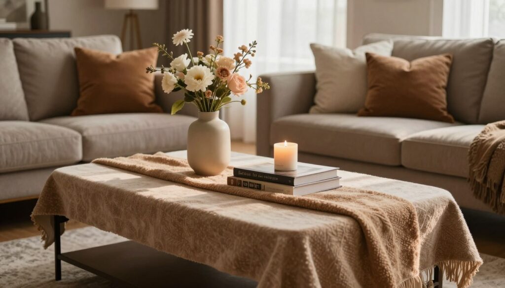 A stylish living room featuring an elegant coffee table adorned with a soft, textured table runner in warm tones. On the table, a collection of tasteful decor elements such as a modern vase with fresh flowers, a stack of curated art books, and a cozy candle. The foreground showcases these textiles and decor with a warm, inviting hue. In the middle ground, a plush sofa with accent cushions is visible, offering a sense of comfort and luxury. The background features a softly lit window draped with sheer curtains, allowing natural light to filter through, casting gentle shadows. This scene conveys a cozy, stylish atmosphere perfect for a warm gathering. The overall lighting is soft and ambient, highlighting the textures and colors in a harmonious way. A stylish living room featuring an elegant coffee table adorned with a soft, textured table runner in warm tones. On the table, a collection of tasteful decor elements such as a modern vase with fresh flowers, a stack of curated art books, and a cozy candle. The foreground showcases these textiles and decor with a warm, inviting hue. In the middle ground, a plush sofa with accent cushions is visible, offering a sense of comfort and luxury. The background features a softly lit window draped with sheer curtains, allowing natural light to filter through, casting gentle shadows. This scene conveys a cozy, stylish atmosphere perfect for a warm gathering. The overall lighting is soft and ambient, highlighting the textures and colors in a harmonious way.