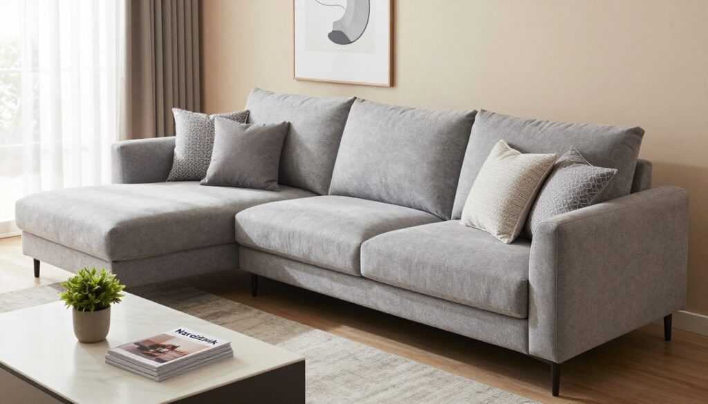 A stylish living room featuring the "Narożnik Anton," a modern L-shaped corner sofa, upholstered in soft gray fabric with plush cushions. The foreground showcases the elegant sofa with decorative throw pillows, arranged invitingly. The middle ground includes a sleek coffee table adorned with a small potted plant and a stack of design magazines. In the background, large windows allow soft, natural light to filter in, creating a warm and inviting atmosphere. The walls are painted in a calming pastel hue, complemented by minimalist art pieces. The scene is shot from a slightly elevated angle, adding depth to the composition while emphasizing the comfort and sophistication of the Narożnik Anton, suitable for any contemporary living space.