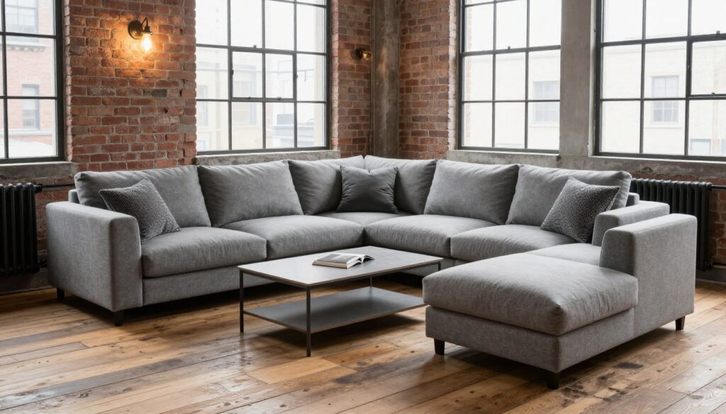 A stylish loft corner sofa positioned in an industrial-style living room, emphasizing both raw elegance and comfort. The foreground features a plush, contemporary sectional in muted gray fabric with textured accents, invitingly arranged around a sleek coffee table. The middle of the room showcases reclaimed wood flooring and exposed brick walls, harmonizing with metal light fixtures casting warm, ambient lighting. In the background, large factory-style windows allow natural light to flood the space, accentuating the urban vibe. This serene yet stylish atmosphere invites relaxation and social interaction, reflecting the key features of loft-style corner sofas. Capture this scene from a slightly elevated angle to showcase the arrangement and the cozy ambiance effectively.