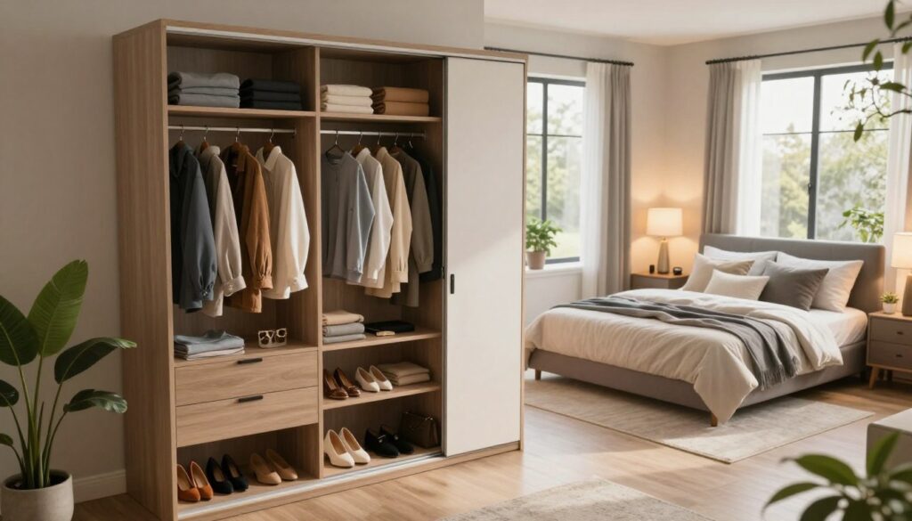 A stylish, modern bedroom featuring a well-organized wardrobe. In the foreground, focus on a sleek built-in wardrobe with sliding doors, showcasing neatly arranged clothes, shoes, and accessories. The middle ground captures a cozy bed adorned with soft, neutral bedding and tasteful decorative pillows, complemented by warm bedside lamps casting a soft glow. In the background, large windows allow natural light to stream in, illuminating the space and creating a serene ambiance. The room is accented with subtle greenery from potted plants, enhancing the tranquil feel. The atmosphere is inviting and functional, illustrating effective use of space in a compact bedroom. Shot with a slightly elevated angle to capture the entire layout, emphasizing the harmony between the wardrobe and the rest of the room.
