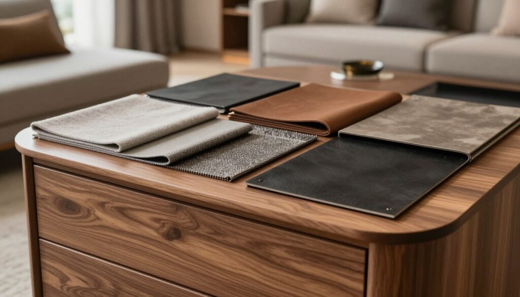 A stylish modern furniture display showcasing various materials essential for durability. In the foreground, a rounded wooden chest of drawers with smooth lines and a polished finish, displaying natural wood grains. The middle section features swatches of fabric, leather, and metal textures arranged artistically around the chest, incorporating colors like soft greys, warm browns, and rich blacks. In the background, a softly blurred contemporary living room, bathed in warm, inviting light, highlighting the elegance of modern design. The atmosphere is serene and sophisticated, evoking a sense of lasting quality and comfort. Capture this scene with a slight overhead angle, using natural lighting to emphasize the textures and quality of the materials, ensuring no text, logos, or watermarks are present. A stylish modern furniture display showcasing various materials essential for durability. In the foreground, a rounded wooden chest of drawers with smooth lines and a polished finish, displaying natural wood grains. The middle section features swatches of fabric, leather, and metal textures arranged artistically around the chest, incorporating colors like soft greys, warm browns, and rich blacks. In the background, a softly blurred contemporary living room, bathed in warm, inviting light, highlighting the elegance of modern design. The atmosphere is serene and sophisticated, evoking a sense of lasting quality and comfort. Capture this scene with a slight overhead angle, using natural lighting to emphasize the textures and quality of the materials, ensuring no text, logos, or watermarks are present.