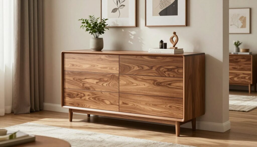 A stylish, modern komoda (chest of drawers) is the focal point of the image, showcasing a sleek design in a warm wood finish. Its smooth, minimalist lines enhance the contemporary aesthetic, with strategically placed decorative items like a potted plant and a small sculpture on top. In the foreground, a cozy living room is visible, featuring a plush rug and soft lighting that creates a welcoming atmosphere. The middle ground includes the komoda positioned against a softly colored wall adorned with tasteful artwork. In the background, glimpses of a well-organized room with additional storage solutions and harmonious decor highlight the theme of alternative storage furniture. Soft natural light filters in through a nearby window, giving the scene a bright and airy feel.