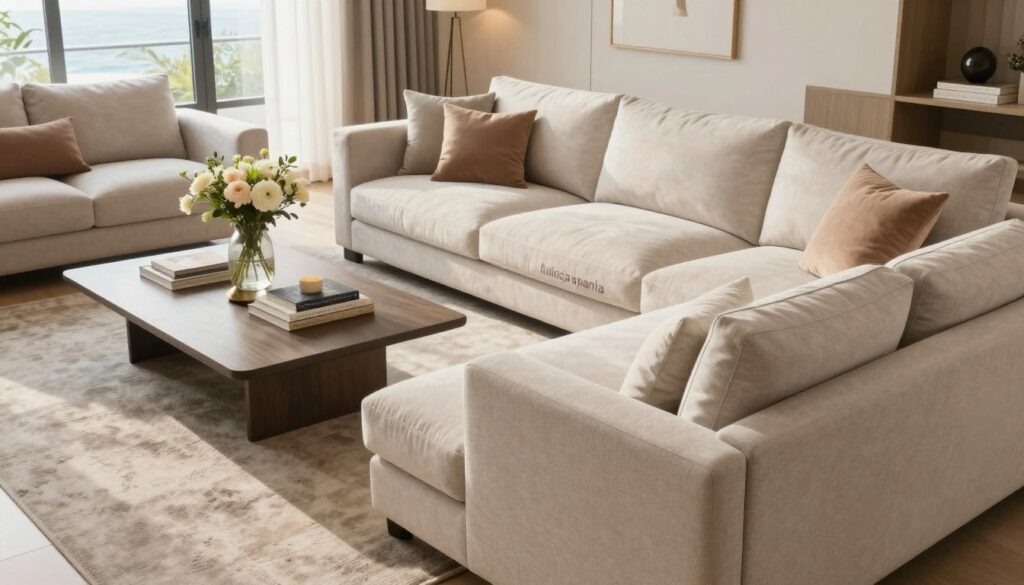 A stylish, modern living room featuring a spacious "funkcja spania" sofa, elegantly designed with a light, airy palette. In the foreground, emphasize the sofa with plush cushions, showcasing its dual functionality as a seating area and a sleeping space. In the middle ground, incorporate a tasteful coffee table adorned with decorative books and a serene vase of fresh flowers. The background features large, sunlit windows with sheer curtains that allow natural light to flood in, enhancing the room's inviting atmosphere. Use soft, warm lighting to create a cozy yet sophisticated mood. The angle should be slightly tilted from above, capturing the full expanse of comfort and style, embodying a harmonious blend of elegance and practicality in coastal decor.
