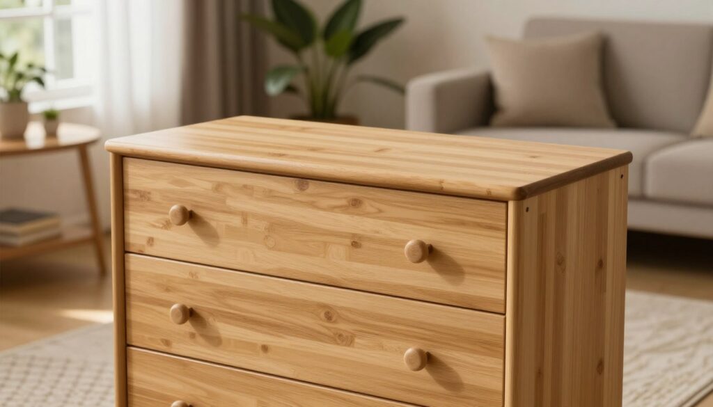 A stylish, natural bamboo chest of drawers placed prominently in the foreground, showcasing its elegant design with smooth curves and a light finish, highlighting the texture of the bamboo. In the middle ground, a cozy living room environment is depicted, featuring soft ambient lighting that emphasizes warmth and comfort. Natural elements like potted plants and a subtle rug complement the scene, enhancing the inviting atmosphere. In the background, a window allows soft daylight to filter through sheer curtains, creating a serene setting while indicating a variable temperature outside. The mood is tranquil and welcoming, suggesting protection against moisture and changing temperatures. The camera angle should be slightly above eye level, providing a clear view of the piece and its harmonious surroundings.