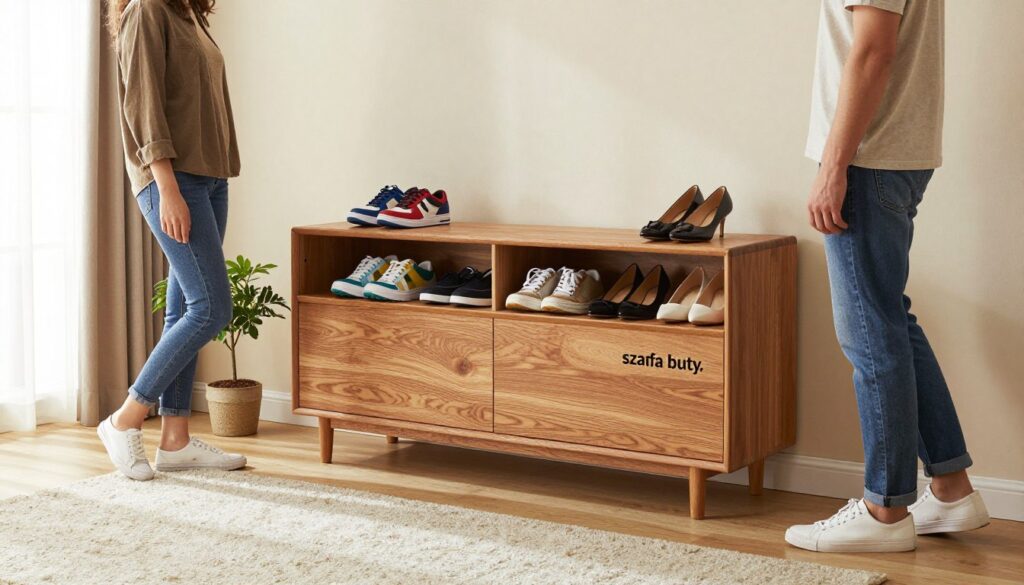 A stylish shoe cabinet, "szafka buty," elegantly displayed in a cozy, modern living room. The cabinet is made of warm oak wood with sleek lines, showcasing a few pairs of neatly organized shoes, including colorful sneakers and classic heels. In the foreground, a pair of stylish, casually dressed individuals are examining the cabinet, exuding a relaxed and inviting atmosphere. The middle of the scene features a soft, plush area rug and a small potted plant beside the cabinet, adding a touch of greenery. The background reveals a softly lit room with light-colored walls and an inviting window with sheer curtains letting in natural light. Use a wide-angle lens for depth and capture a bright, cheerful mood throughout the setting.