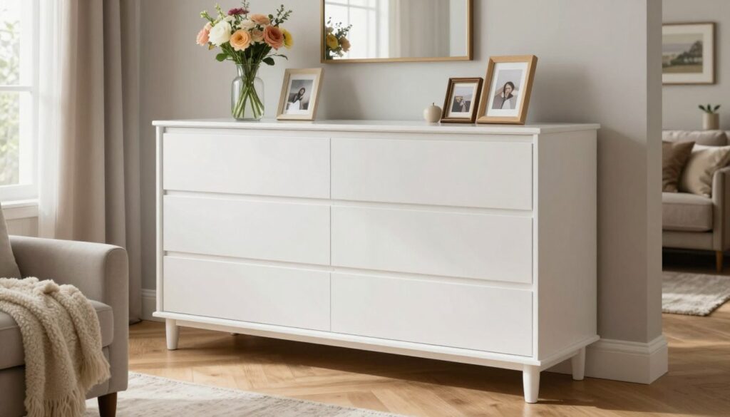 A stylish white dresser (komoda) with a contemporary design, displayed prominently in a cozy, well-lit living room. The dresser features elegant lines, ample storage options, and a smooth, glossy finish that reflects soft ambient light. In the foreground, a cozy armchair decorated with a plush throw complements the dresser, while a beautifully arranged vase of fresh flowers adds a pop of color. In the middle ground, the dresser is adorned with tasteful decor—framed photos and a small decorative mirror. In the background, the room features warm wooden flooring, a subtle area rug, and natural light pouring in through large windows. The mood is inviting and serene, perfect for a relaxed yet sophisticated atmosphere. Use a soft focus to highlight the dresser as the centerpiece.