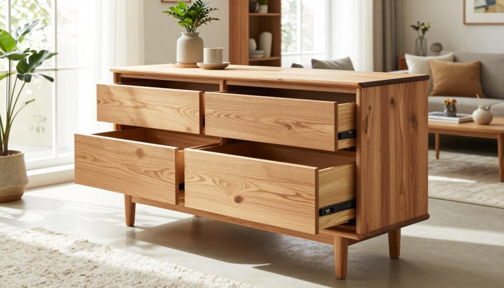 A stylish wooden chest of drawers in Lefkas oak finish, elegantly arranged in a bright, modern interior. In the foreground, the komoda Evora showcases its sleek lines and functional design with neatly organized drawers slightly open, revealing elegant storage. The middle ground features warm, natural light streaming through a large window, creating a cozy atmosphere, highlighting the texture of the oak wood. A stylish living room setting with tasteful decor elements like a plush rug and potted plants sets the scene in the background. The composition captures the essence of functionality in everyday use while inviting a sense of order and style, evoking a peaceful, harmonious ambiance. A stylish wooden chest of drawers in Lefkas oak finish, elegantly arranged in a bright, modern interior. In the foreground, the komoda Evora showcases its sleek lines and functional design with neatly organized drawers slightly open, revealing elegant storage. The middle ground features warm, natural light streaming through a large window, creating a cozy atmosphere, highlighting the texture of the oak wood. A stylish living room setting with tasteful decor elements like a plush rug and potted plants sets the scene in the background. The composition captures the essence of functionality in everyday use while inviting a sense of order and style, evoking a peaceful, harmonious ambiance.