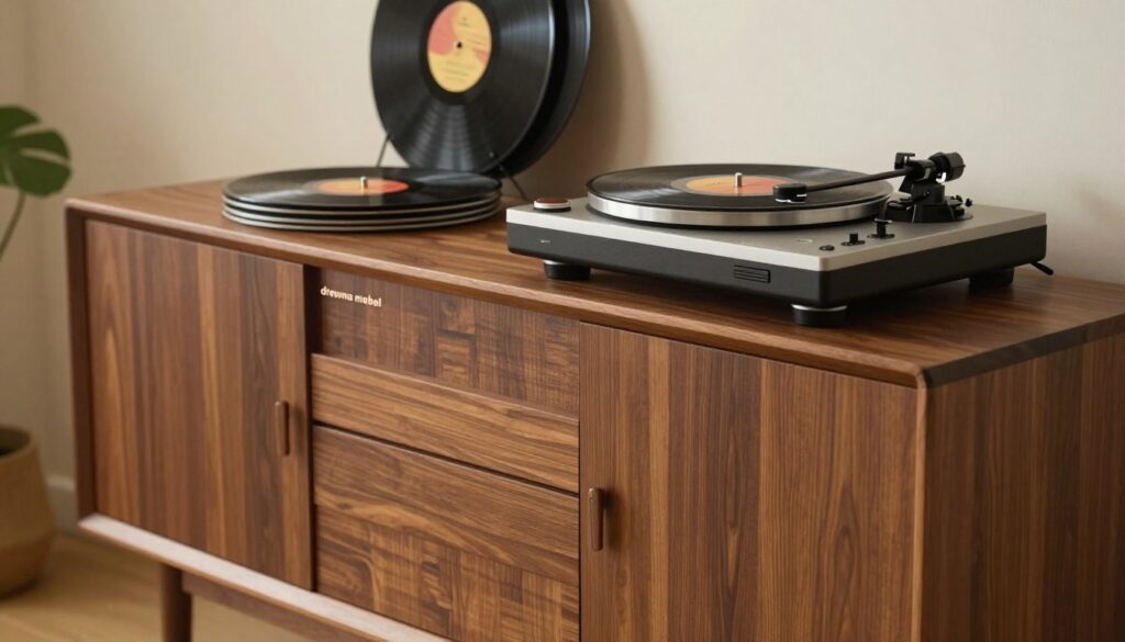 A stylish wooden "drewna mebel" sideboard designed for vinyl enthusiasts, showcasing rich finishes and durable materials. The foreground features the sideboard with intricate wood grain and a polished surface that reflects soft, warm lighting. In the middle ground, vintage vinyl records and a classic turntable are displayed neatly atop the sideboard, accentuating its purpose and design. The background is softly blurred, hinting at a cozy living room setting with subtle decor elements like plants and ambient lighting, creating a welcoming atmosphere. The overall mood is elegant and refined, emphasizing craftsmanship and quality, with a focus on the textures and finishes that represent durability in stylish furniture design. The image is captured from a slightly elevated angle to highlight the sideboard's details effectively.