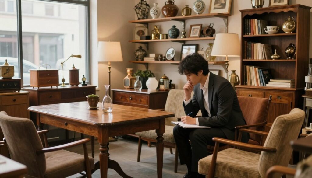 A warm, inviting antique shop interior showcasing vintage PRL furniture in various styles, including a classic wooden table, a mid-century modern armchair, and an ornate bookshelf. In the foreground, a professional-looking person in business attire is examining a piece of furniture, deep in thought, while holding a notepad and a pen. In the middle, more antique items are elegantly displayed on polished surfaces, with soft lighting highlighting their details. The background features shelves filled with curiosities and other decorative objects, creating a cozy and nostalgic atmosphere. Soft, natural light filters through a large window, casting gentle shadows, enhancing the charm of the space. The overall mood is one of discovery and appreciation for quality craftsmanship.