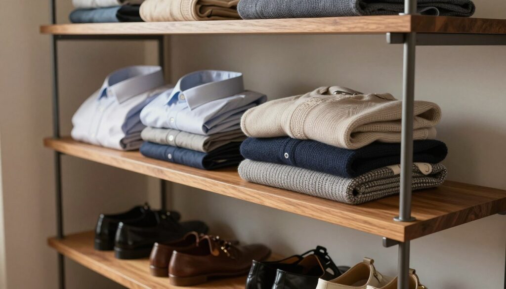 A well-designed wardrobe shelf unit, showcasing multiple tiers of neatly arranged clothing and accessories, emphasizing efficient space utilization. In the foreground, the shelves are constructed from polished wood, with sturdy metal brackets supporting them, reflecting a modern aesthetic. In the middle, neatly folded shirts, stacked sweaters, and hanging shoes demonstrate an organized approach to storage, highlighting the importance of stability in arranging items. The background features muted tones with a soft, warm glow, suggesting a cozy atmosphere in the dressing area. The scene is captured from a slightly elevated angle, allowing a clear view of the shelf setup, with natural light filtering in to illuminate the shelves.