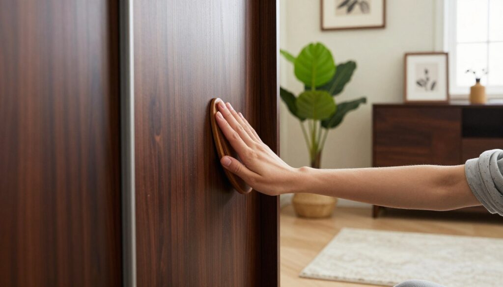 A well-lit, cozy living room featuring a dark wenge sliding wardrobe, elegantly showcasing its sleek design and rich texture. In the foreground, a person's hands gently applying a wood polish to the wardrobe's surface, demonstrating daily furniture care. The middle ground captures a vibrant green plant beside the wardrobe, adding a touch of nature, while a soft, inviting rug complements the warm tones of the room. In the background, light-colored walls and tasteful decor create a harmonious atmosphere, emphasizing the contrast with the dark furniture. The scene is illuminated by natural light streaming through a window, enhancing the inviting mood, while a slight depth of field focuses on the caring hands, capturing the essence of furniture maintenance.