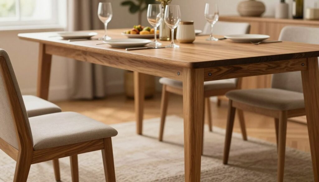 A well-lit interior scene showcasing a wooden dining table with additional legs and pads visibly enhancing its height. In the foreground, close-up details of the decorative pads and sturdy legs demonstrate their stylish and subtle design, made from natural materials like wood or metal. The middle ground features a beautifully set dining table, elegantly arranged with tasteful dinnerware and a centerpiece, capturing a welcoming atmosphere. In the background, a softly lit room with warm colors adds to the cozy ambiance, with soft shadows creating depth. Using natural light streaming in from a window, the image should convey a sense of comfort and functionality, inviting viewers to consider practical yet aesthetic solutions for raising furniture safely.