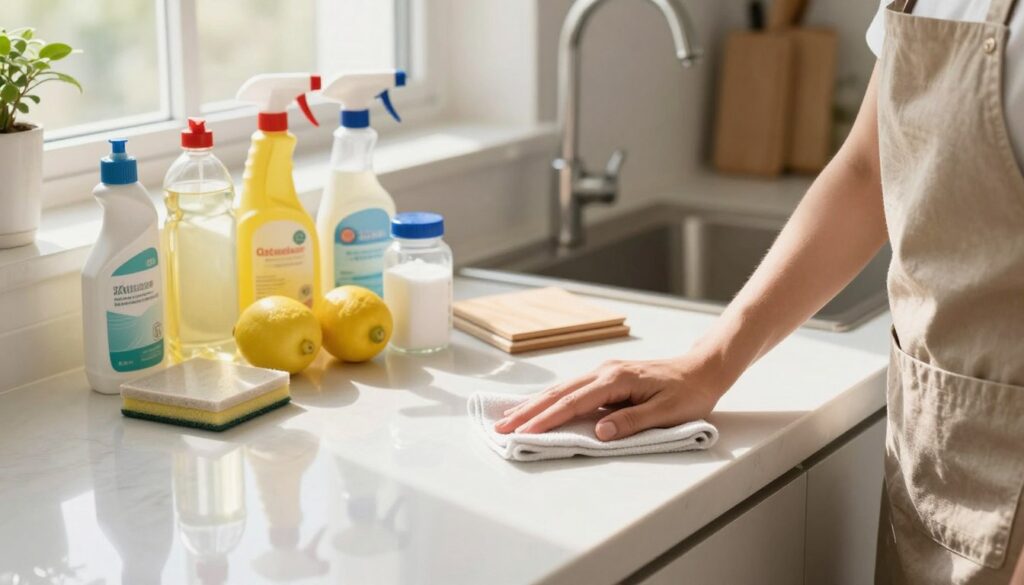 A well-lit kitchen with a polished countertop, showcasing various cleaning and maintenance products arranged neatly. In the foreground, a professional-looking person wearing a smart apron is carefully polishing the countertop with a soft cloth, demonstrating effective maintenance techniques. The middle ground features an array of natural cleaning agents like vinegar, lemon, and baking soda, alongside wooden and stone surface samples. The background includes gentle sunlight streaming through a window, illuminating the space and enhancing the fresh, inviting atmosphere. Use a warm color palette to convey a sense of homeliness and cleanliness. The composition should be shot from a slightly elevated angle to capture the entire scene in a balanced, harmonious way.