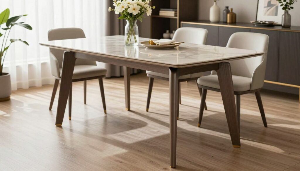 A well-lit, modern living room featuring a stylish dining table being transformed with new, elegant legs. In the foreground, a close-up of the sleek, newly designed table legs being attached to the tabletop, showcasing the craftsmanship. The middle ground displays the polished table surface reflecting ambient light, surrounded by tasteful decor, such as a vase of fresh flowers and a contemporary table setting. The background highlights a cozy atmosphere with soft natural light streaming through large windows, adorned with sheer curtains. The overall mood is inviting and sophisticated, capturing the essence of upgrading a piece of furniture while maintaining aesthetic appeal. The angle is slightly overhead, giving a comprehensive view of the transformation process without any text or distractions.