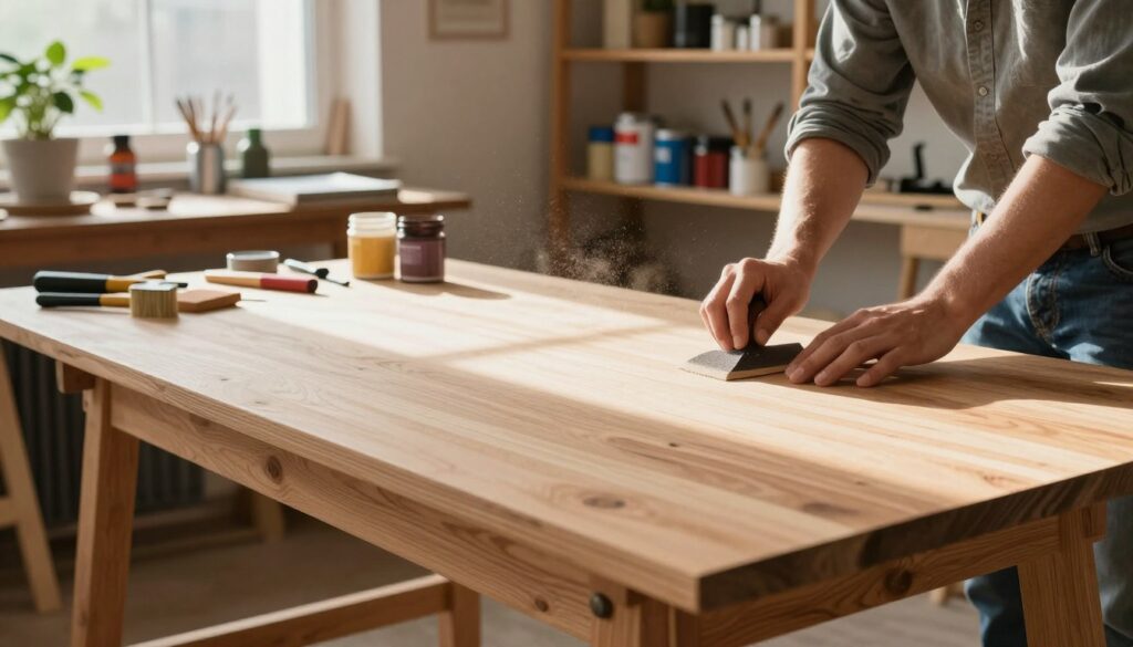 A well-lit workshop scene featuring a wooden table made of plywood undergoing restoration. In the foreground, a person in a casual shirt and jeans carefully sanding the surface of the table, dust particles illuminated by soft afternoon light streaming through a window. The middle ground displays various tools like sandpaper, wood stains, and brushes, organized neatly on a workbench, conveying an air of organization. In the background, the workshop has wooden shelves filled with paint cans and brushes, plants giving a touch of greenery, and natural light filtering in to create a warm, inviting atmosphere. The focus is on the act of rejuvenation, with the table showcasing a blend of its original grain and the refined, smooth areas being worked on, emphasizing the step-by-step process of renewing plywood furniture.