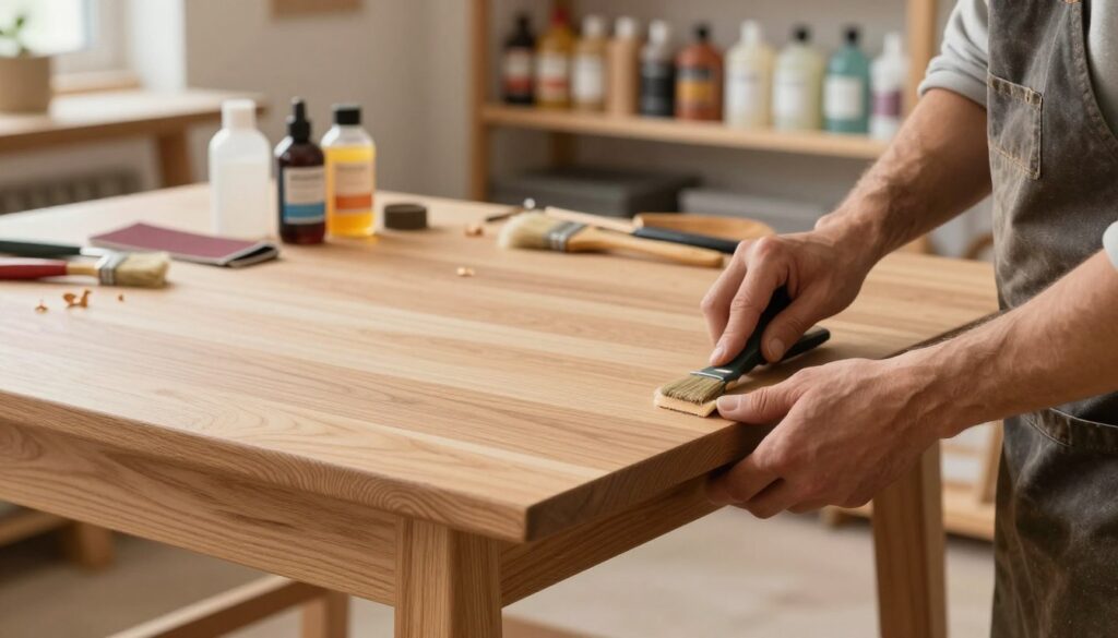 A well-lit workshop scene focused on a wooden table with a veneer surface, showcasing the process of refinishing. In the foreground, a skilled craftsman in a professional apron is carefully sanding the table's edges, revealing its natural wood grain beneath the veneer. The middle layer features various tools scattered on a workbench, including sandpaper, varnish, and brushes, with hints of wood shavings around. The background shows shelves filled with bottles of wood finish and varnishes, bathed in warm, soft lighting that conveys a homely, inviting atmosphere. This scene highlights the beauty of the restoration process while emphasizing the craftsmanship involved in reviving the table's elegance.