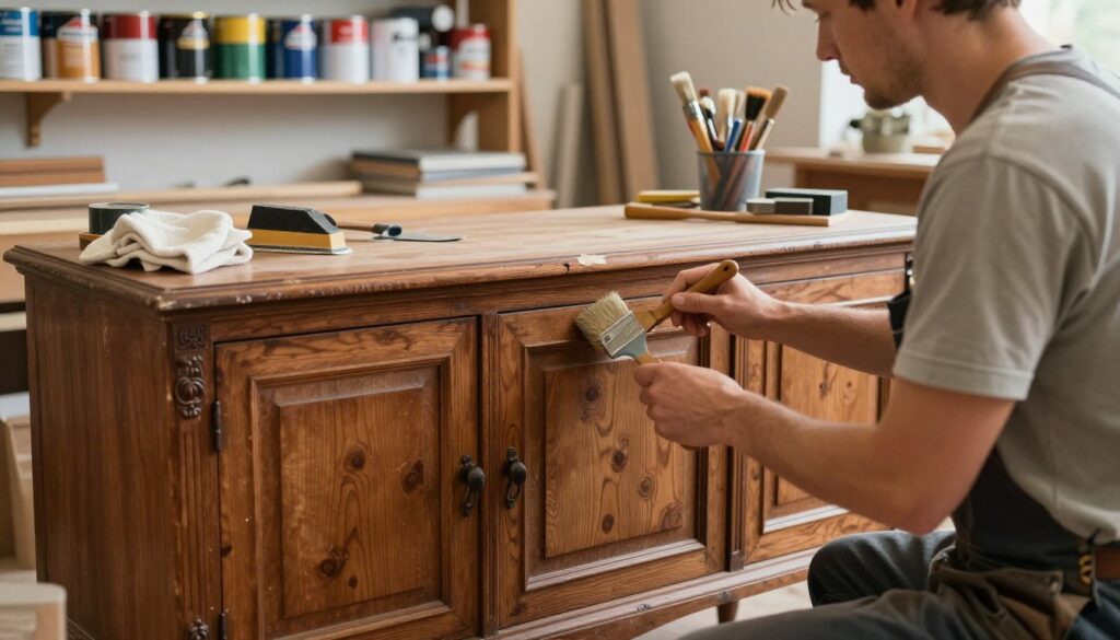 A well-lit workshop setting featuring a vintage wooden credenza being prepared for refinishing. In the foreground, a craftsman in modest casual clothing works diligently, applying a paint stripper with a brush to remove old layers. The middle ground shows the credenza, showcasing its intricate carvings and textures, surrounded by tools like sanders, scrapers, and rags. In the background, shelves are filled with various paint cans and brushes, hinting at the restoration process. Soft, warm lighting enhances the nostalgic atmosphere, creating a sense of dedication and craftsmanship. Capture the details of wood grain and the transformation process, with an emphasis on professionalism and care in preserving the piece's original character.