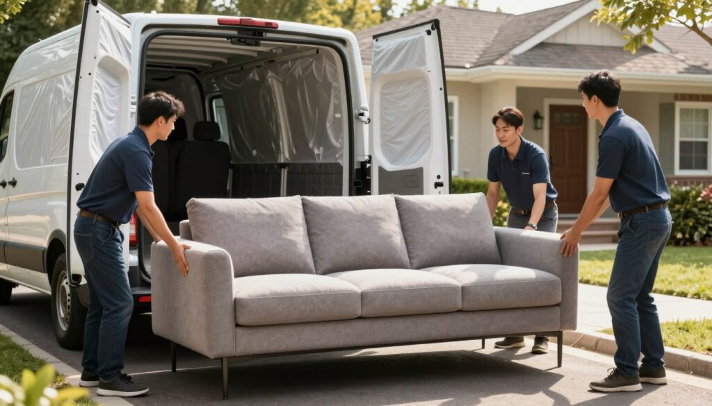 A well-organized delivery scene showcasing a sleek, modern sofa, specifically the Narożnik Figo, being unloaded from a van by two professional delivery personnel in modest casual clothing. In the foreground, focus on the sofa's elegant design featuring soft cushions and a contemporary aesthetic. The middle ground depicts the delivery van, with its doors open, revealing protective coverings. In the background, a suburban house with a welcoming entrance provides context. Natural sunlight filters through trees, casting soft shadows, creating a warm and inviting atmosphere. The overall mood should convey efficiency and reliability in the delivery process, highlighting the comfort and functionality of the product.