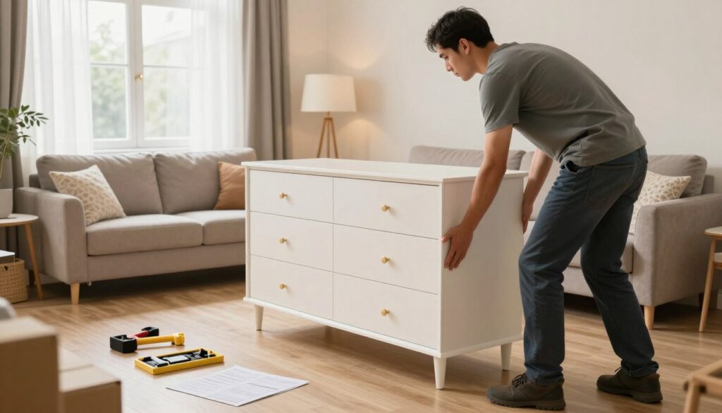 A well-organized interior scene depicting the safe transportation and assembly of furniture. In the foreground, a professional mover in modest casual clothing carefully handles a stylish, large dresser, showcasing proper lifting techniques. In the middle, a brightly lit living room features the semi-assembled dresser positioned next to tools and assembly instructions, conveying a sense of orderliness and professionalism. The background shows a tastefully decorated room with warm lighting and soft colors, enhancing the welcoming atmosphere. The angle captures the scene from a slight height, providing a comprehensive view of the workspace while emphasizing the importance of safety during furniture transport and installation. The overall mood is focused, efficient, and informative, perfect for illustrating the safe handling of furniture.