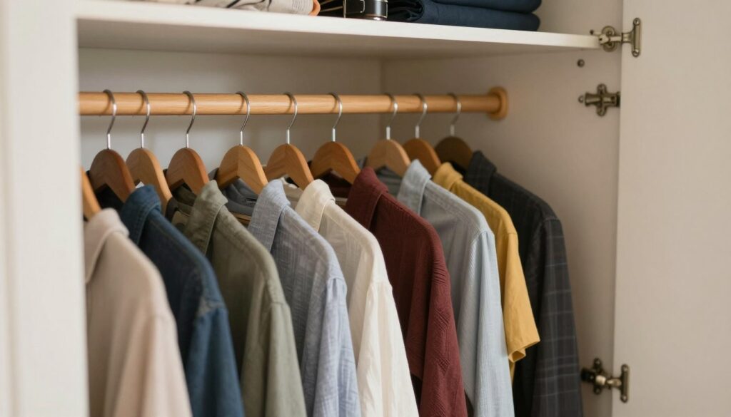 A well-organized wardrobe featuring a partially visible closet. In the foreground, a wooden clothing rod incorrectly installed at an awkward angle, causing clothes to hang unevenly. In the middle ground, neatly arranged clothing items, showcasing a variety of colors and styles, emphasizing the contrast between proper and improper hanging. The background includes shelving with accessories, slightly cluttered, hinting at disorganization. Soft, natural light filters in through an open closet door, creating a warm, inviting atmosphere, while highlighting the imperfections of the installation. The camera angle is slightly above eye level, focusing on the rod and clothing, thus illustrating the common errors made during installation in a practical setting without any text or people present.