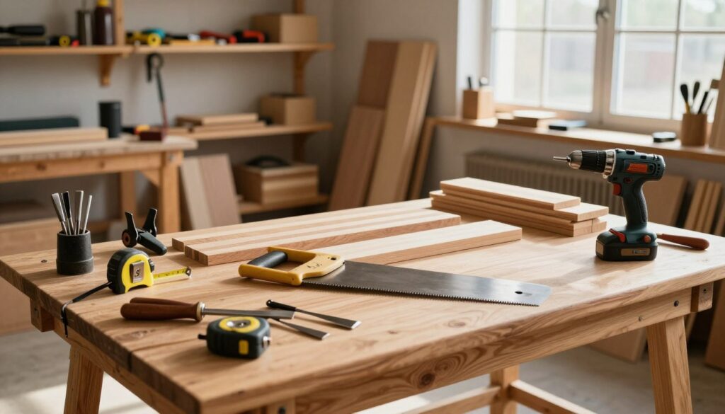 A well-organized woodworking workspace featuring essential tools for assembling a wooden table. In the foreground, include a sturdy wooden workbench covered with a variety of tools: a hand saw, a tape measure, a chisel set, wood clamps, and a cordless drill. The middle ground displays neatly stacked wooden planks of varying sizes, showcasing different wood grains. The background features a well-lit workshop with wooden shelves filled with additional tools and materials, creating a warm, inviting atmosphere. Natural light filters in through a large window, casting soft shadows on the tools and planks. The scene conveys a sense of focus and craftsmanship, perfect for inspiring aspiring woodworkers.