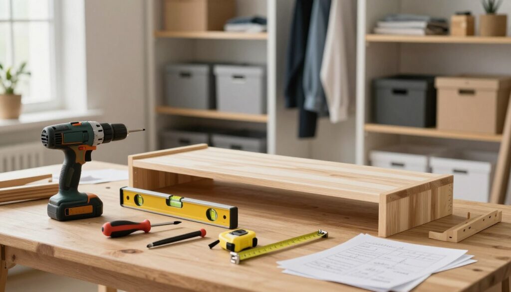 A well-organized workshop scene focused on the preparation for shelf installation. In the foreground, an assortment of tools including a drill, level, screwdriver, measuring tape, and brackets are neatly arranged on a wooden workbench. The middle ground features a partially assembled wooden shelf, with a stud finder and instructional scribbles on paper for reference. The background shows a brightly lit room with shelves filled with clothing and neatly organized storage boxes, creating a functional and inviting atmosphere. Soft, natural lighting filters through a window, highlighting the craftsmanship and attention to detail. Aim for a clean, professional look that conveys a sense of readiness and efficiency in setting up a garment storage solution.