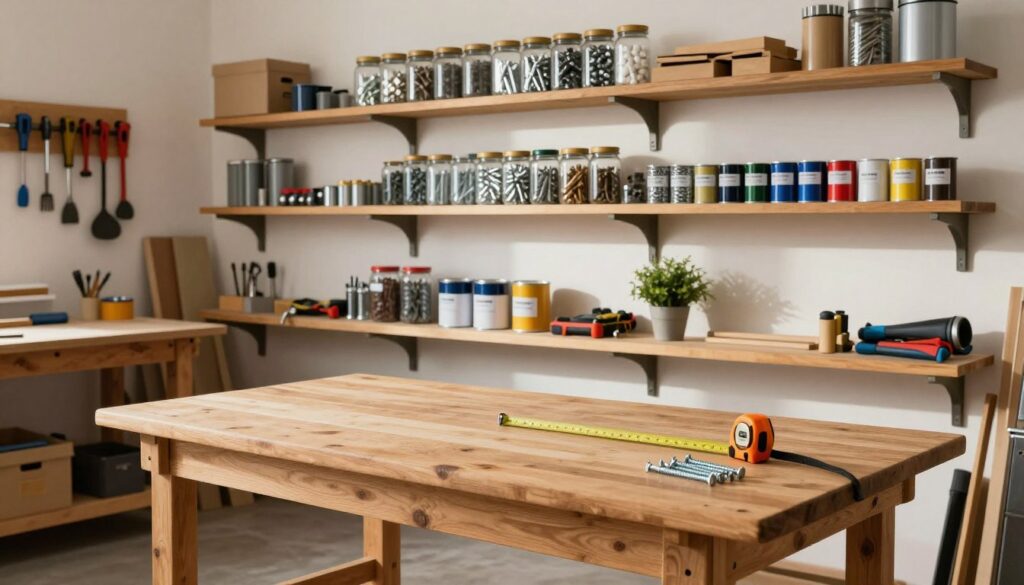 A well-organized workshop scene showcasing robust wooden shelves filled with various tools and materials for DIY projects. In the foreground, a sturdy workbench made of solid wood stands, with a measuring tape and a set of screws nearby. The middle ground features multiple layers of shelves, each displaying neatly arranged jars of screws, paint cans, and a small potted plant for a touch of greenery. The background reveals a tool wall, with hanging tools neatly organized. The lighting is bright and inviting, casting soft shadows that add depth. The camera angle is slightly above eye-level, capturing the entire setup in a way that conveys a sense of order and readiness for craftsmanship. The mood is industrious yet cozy, perfect for a workshop atmosphere. A well-organized workshop scene showcasing robust wooden shelves filled with various tools and materials for DIY projects. In the foreground, a sturdy workbench made of solid wood stands, with a measuring tape and a set of screws nearby. The middle ground features multiple layers of shelves, each displaying neatly arranged jars of screws, paint cans, and a small potted plant for a touch of greenery. The background reveals a tool wall, with hanging tools neatly organized. The lighting is bright and inviting, casting soft shadows that add depth. The camera angle is slightly above eye-level, capturing the entire setup in a way that conveys a sense of order and readiness for craftsmanship. The mood is industrious yet cozy, perfect for a workshop atmosphere.