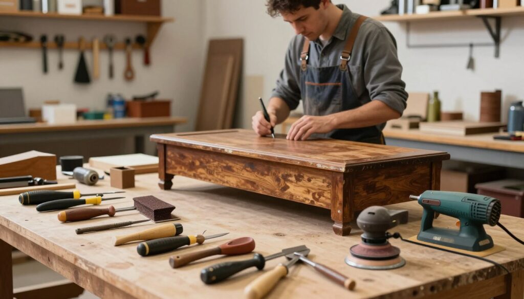 A well-organized workshop setting focused on furniture restoration. In the foreground, a variety of tools for sanding, polishing, and refinishing are neatly arranged, showcasing different types appropriate for various furniture ages and conditions, like vintage hand sanders and modern electric sanders. In the middle ground, a skilled artisan, dressed in professional workshop attire, carefully examines a piece of wooden furniture, analyzing its age and wear. The background features shelves lined with organized tools and supplies, illuminated by warm, soft lighting to create an inviting and focused atmosphere. The scene conveys a sense of craftsmanship, expertise, and the care involved in restoring antique and modern furniture pieces.